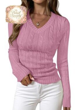 Womens Cable Knit Fitted V Neck Long Sleeve Pullover Sweater Top